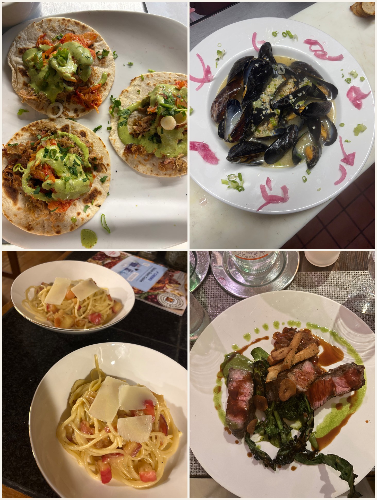 Four of my dishes: carnitas tacos, steamed mussels, carbonara with pancetta and parmesan, and plated steak with broccolini